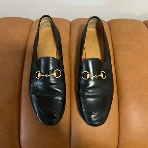 Gucci Black Leather Loafers with Gold Bit Detail
